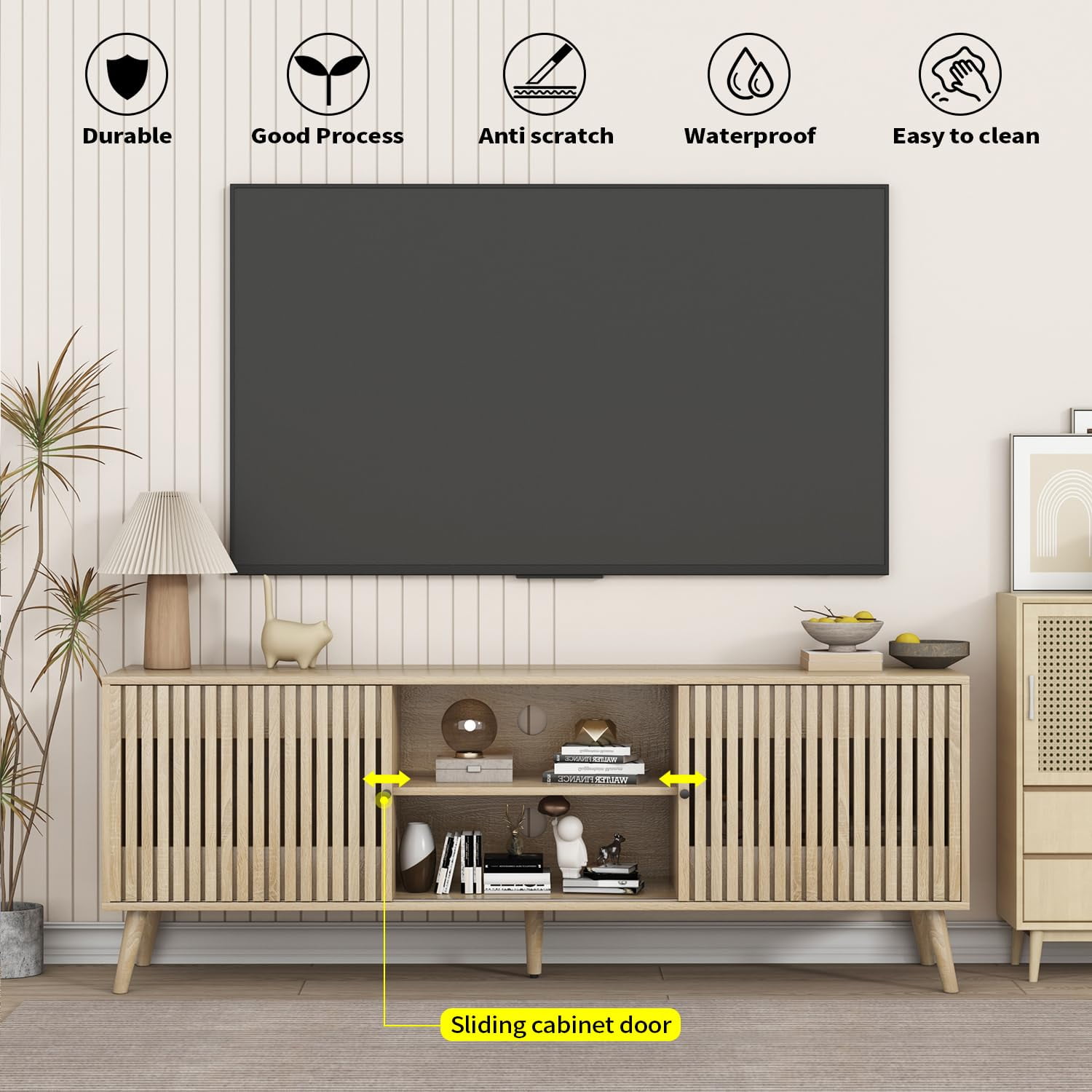 Modern TV Stand for TVs up to 70'', Sliding Doors, Entertainment Center with Storage, Media Console