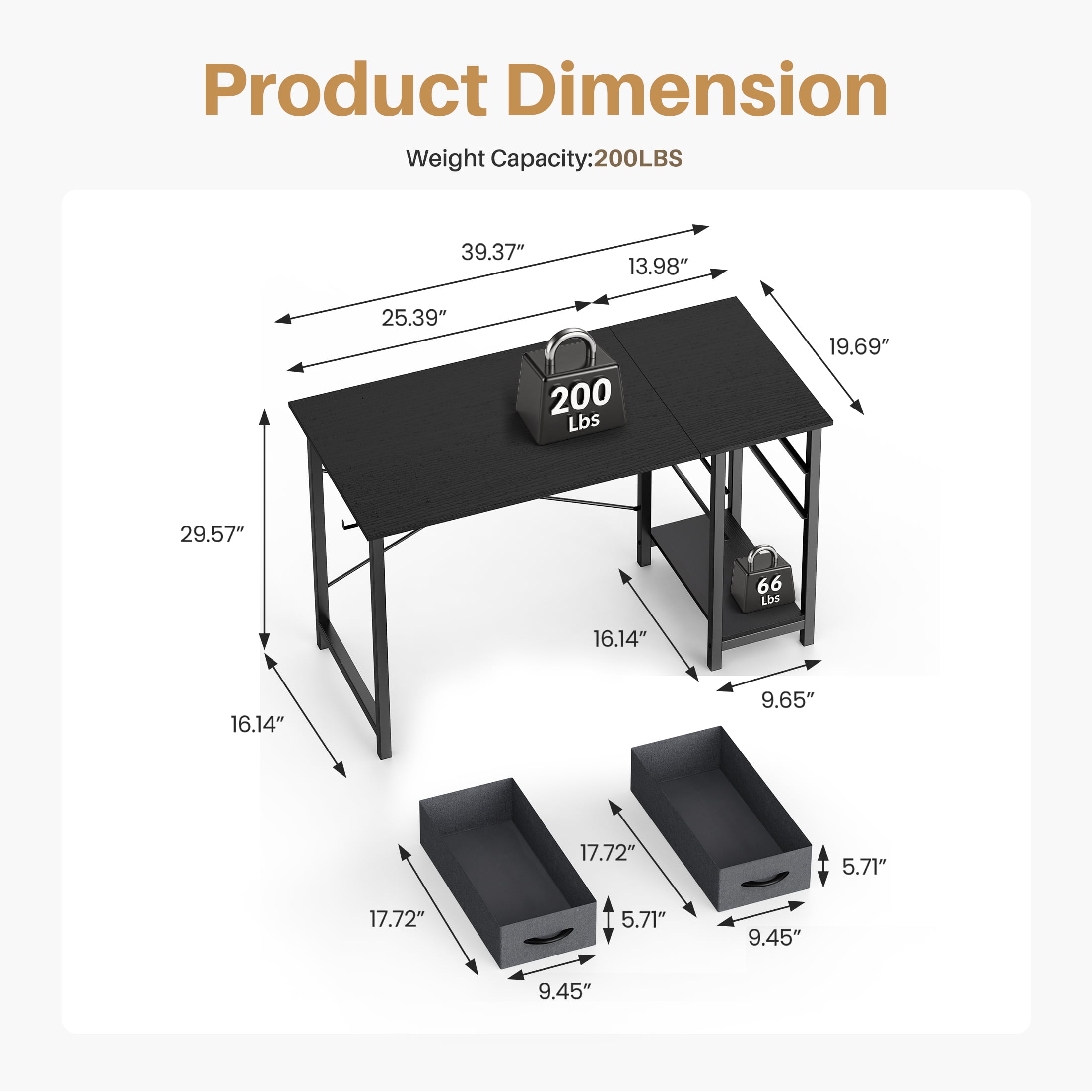 EDX Computer Desk with 2 Drawers 40 Inch PC Table Study Writing Desk with Storage Shelf Headphone Hook, Simple Style Small Desk for Home, Black Grain