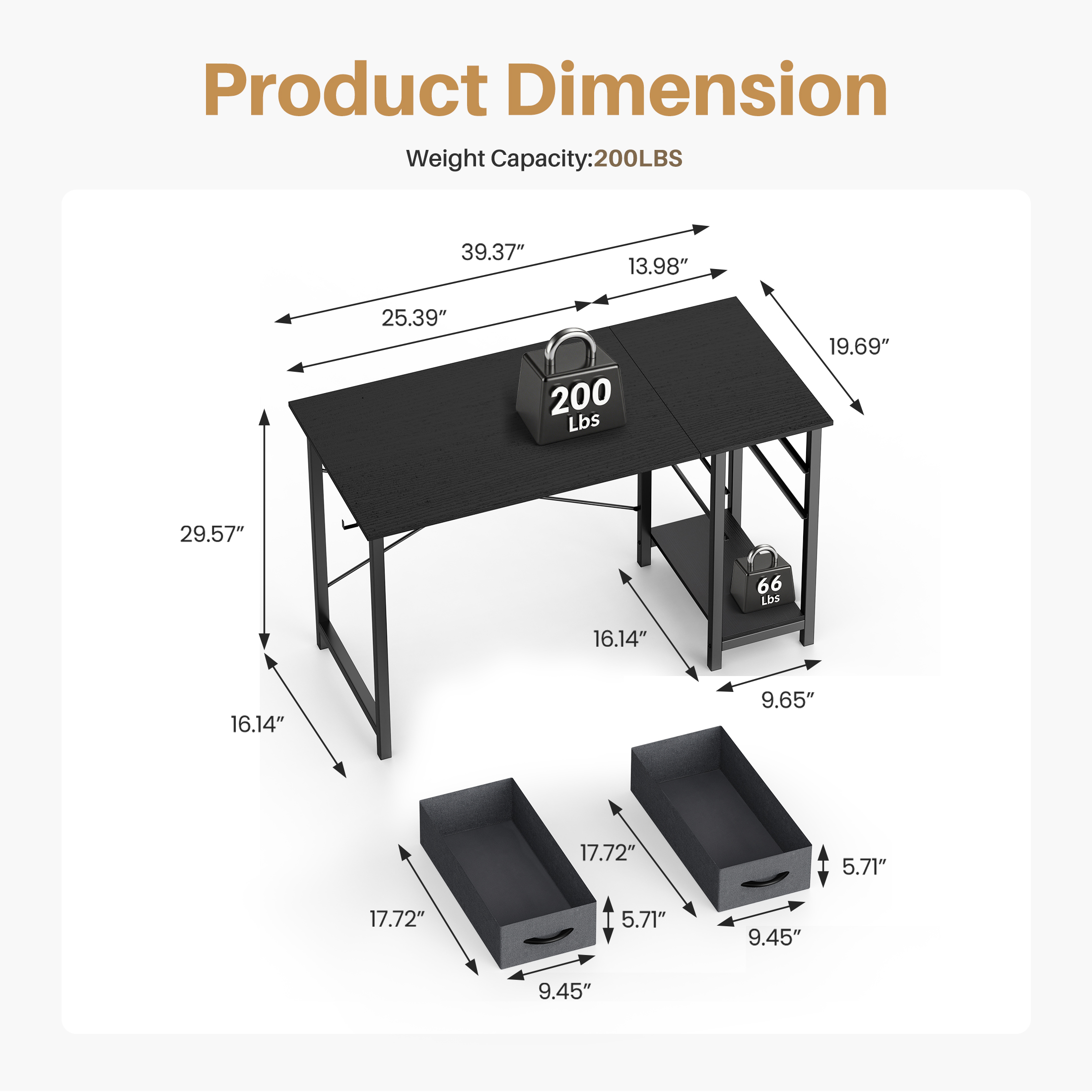 EDX 40-Inch Office Desk with Drawers and Storage Shelf, Black photo 2