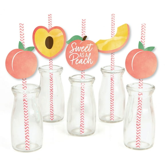 Big Dot of Happiness Sweet as a Peach - Paper Straw Decor - Fruit Themed Baby Shower or Birthday Party Striped Decorative Straws - Set of 24
