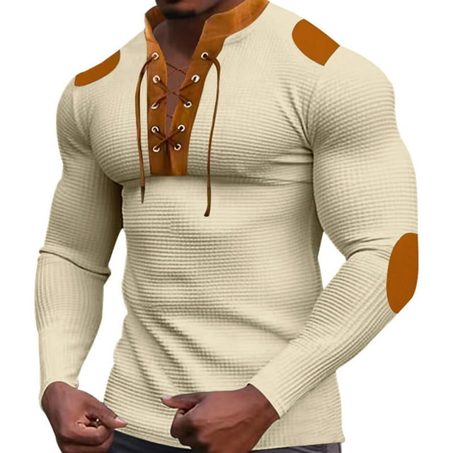 pstuiky camisas de manga larga para hombre, Camiseta de manga larga con cuello alto y cordón en el pecho para hombre, de estilo informal, con combinación de colores Tops casuales para hombres l