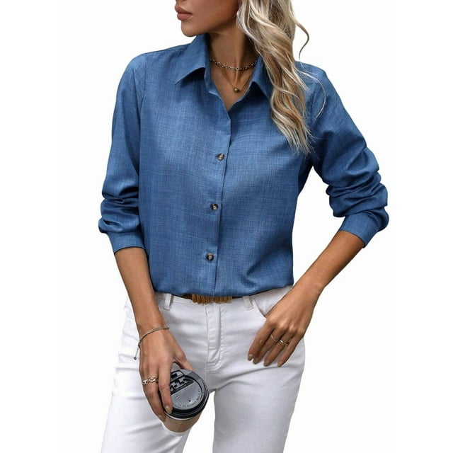 Camisas con Botones para Mujer, Blusas de Larga, Blusas Casuales Lisas para Oficina y Trabajo Azul Vaquero XL