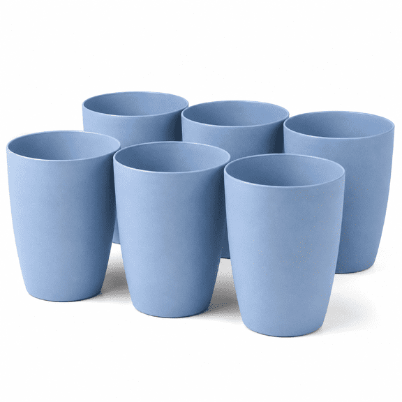 6-Pack Wheat Straw Reusable Cups, 12 oz Unbreakable Drinking Glasses, Solid Blue