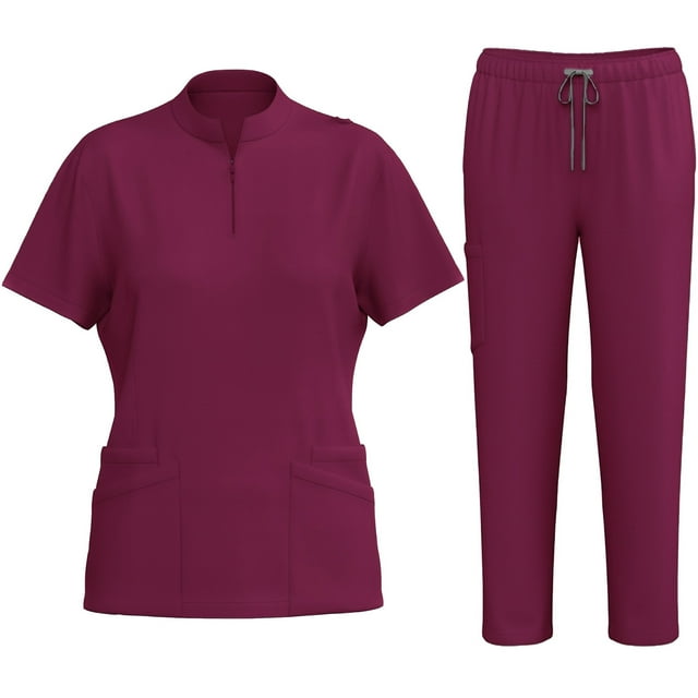 Uniforme d'Infirmière Extensible Ensemble 2 Pcs Femme à la Mode avec Chemise à Fermeture Éclair et Pantalon Tenue de Travail Médicale