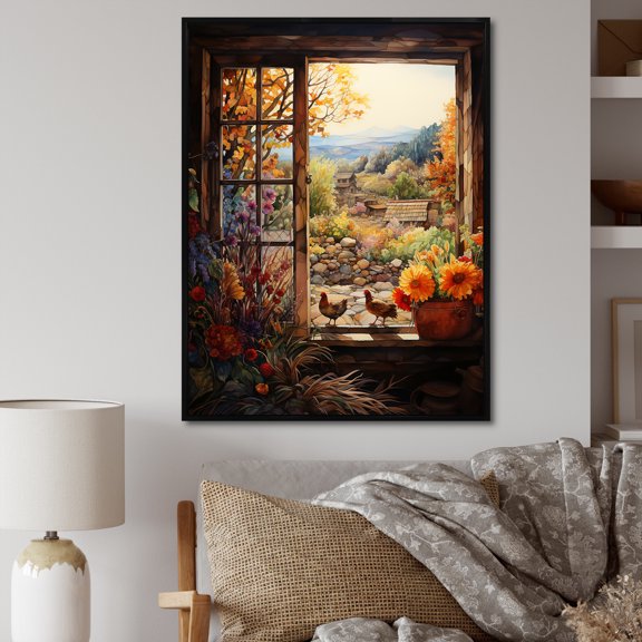 Designart "Summer Blooms at the Farmhouse Window II" Farm Framed Wall Art - Country Brown Farm Windows Hallway Framed Wall Art Decor