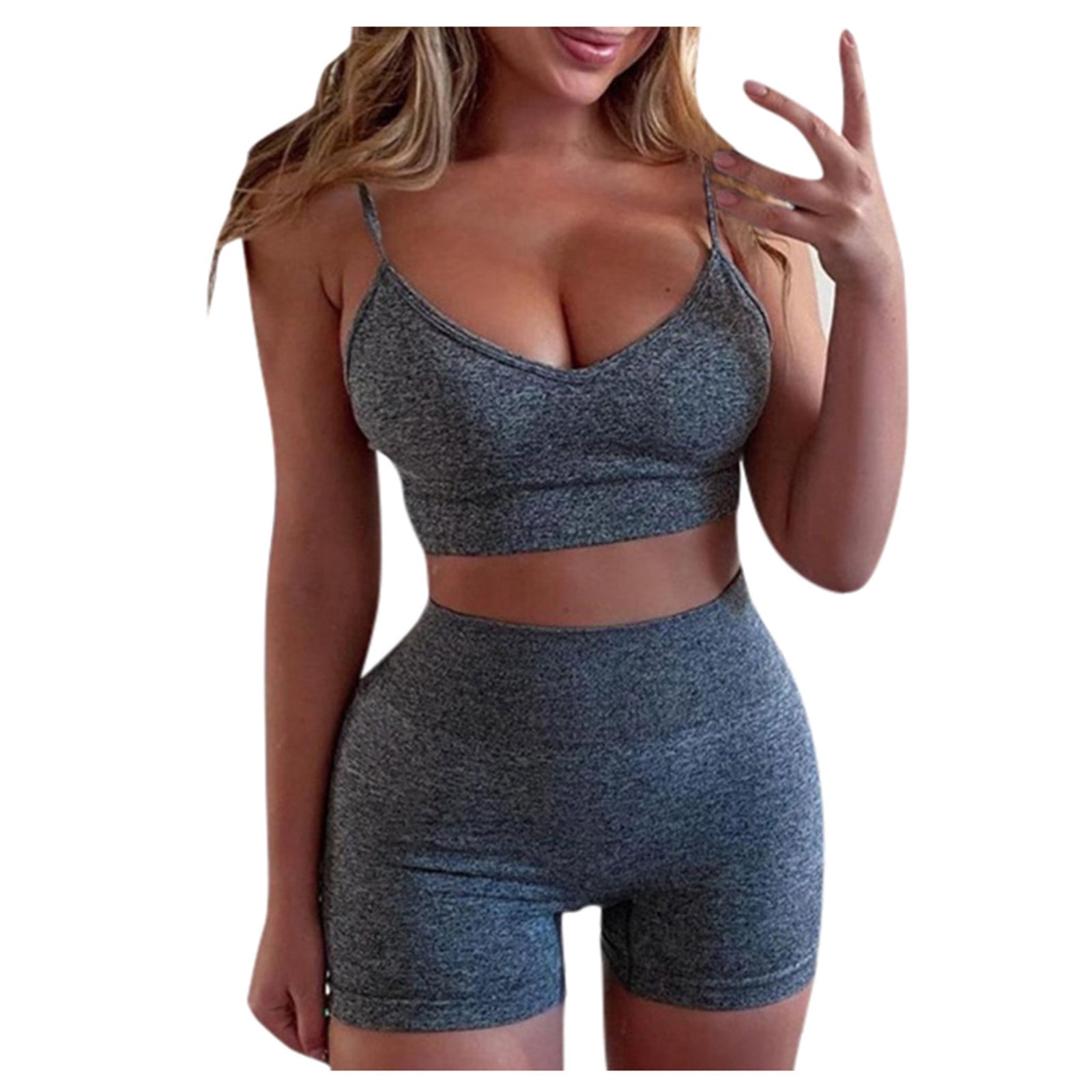 Workout Outfits for Women 2 Piece Set Cami Crop Bandeau Top and High Waist  Shorts Leggings Yoga Gym Sportswear