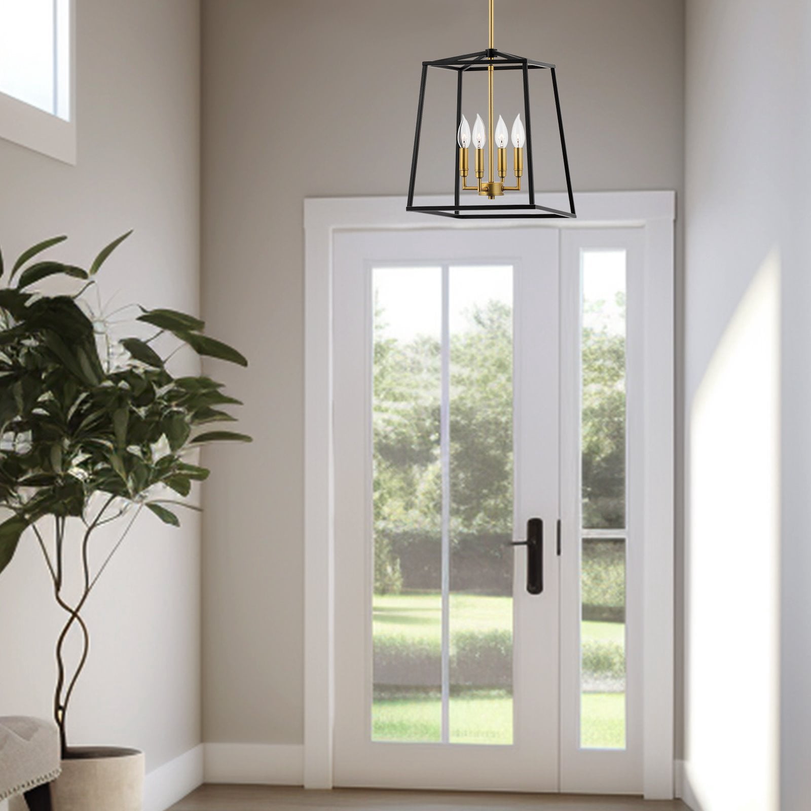 Kira Home Bellevue 16" 4-Light Farmhouse Lantern Pendant Light, Adjustable Foyer Chandelier, Warm Brass Accents + Black