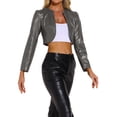 thumbnail image 4 of Chaquetas cortas de cuero PU Inspire Chic para mujer, chaqueta de manga larga de frente abierto, M gris oscuro, 4 of 6