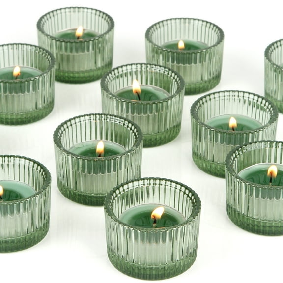 HofferRuffer Glass Tealight Candle Holders Set of 12, Cute Votive Candle Holder for Table Centerpieces, Party, Wedding and Home Decor (2.2'' x 1.4'', Green)
