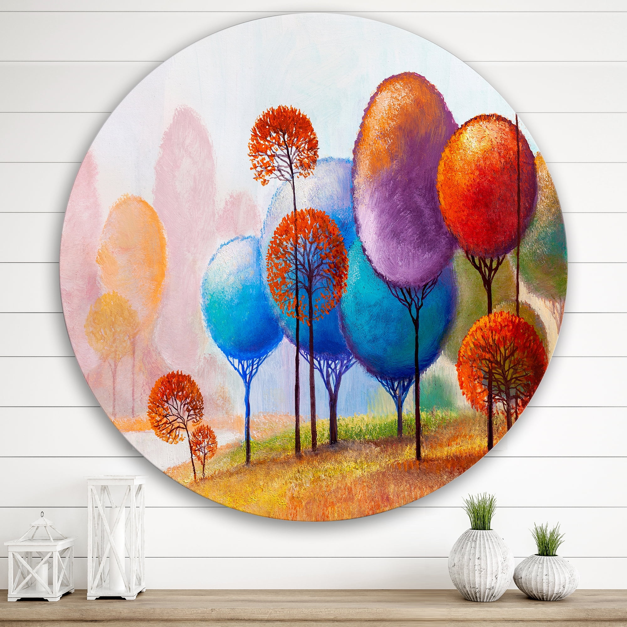 Designart 'Colourful Trees Abtract Impression III' Traditional Circle Metal Wall Art 29x29 - Disc of 29
