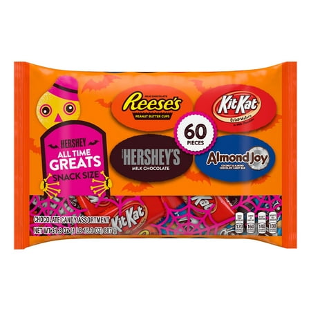 Hershey, All Time Greats Chocolate Assortment Snack Size Candy, Halloween, 31.3 oz, Bulk Bag (60 Pieces)