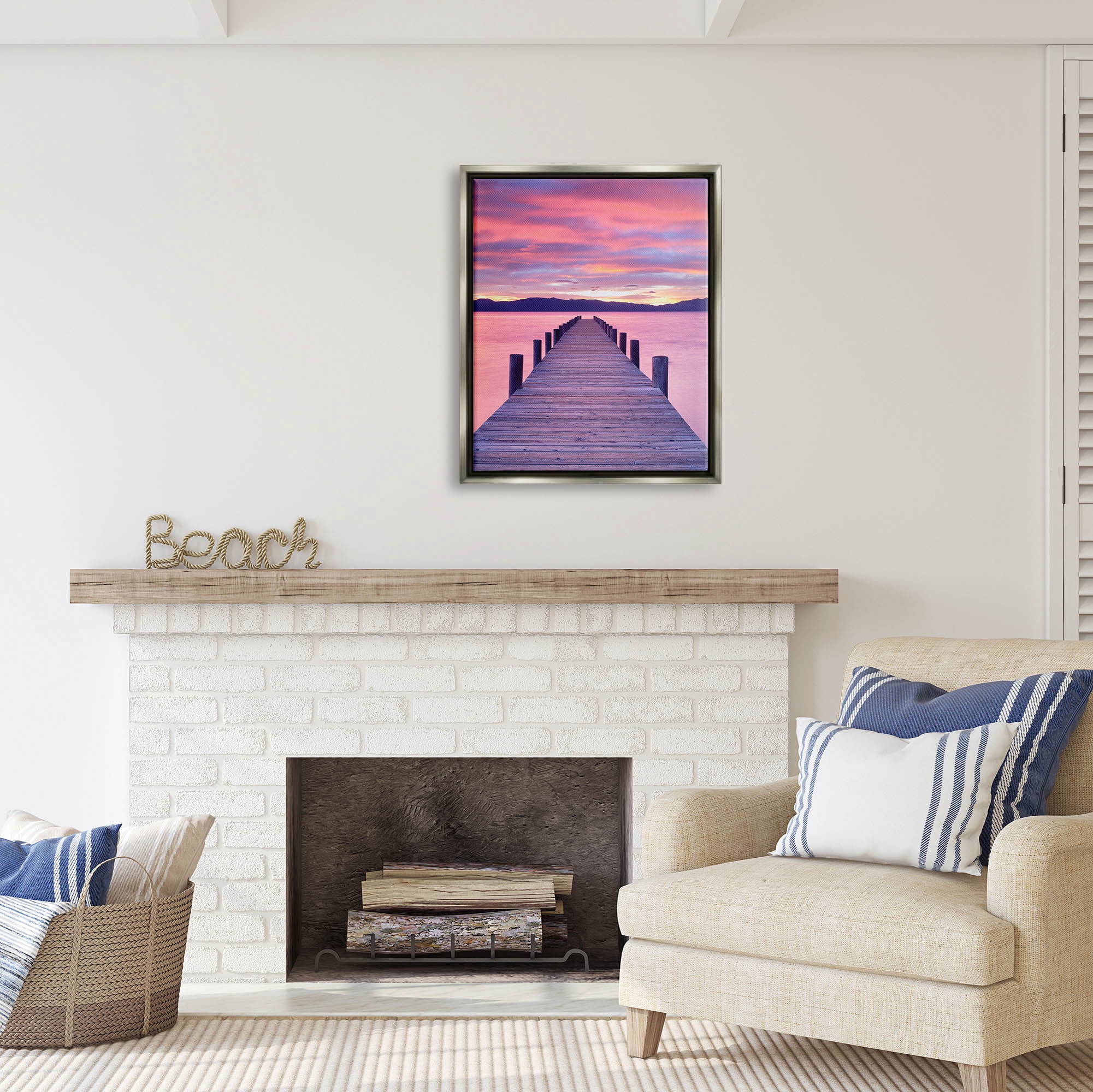 Stupell Industries Vivid Sunset Dock Coastal View Coastal Photography Gray Floater Framed Art Print Wall Art