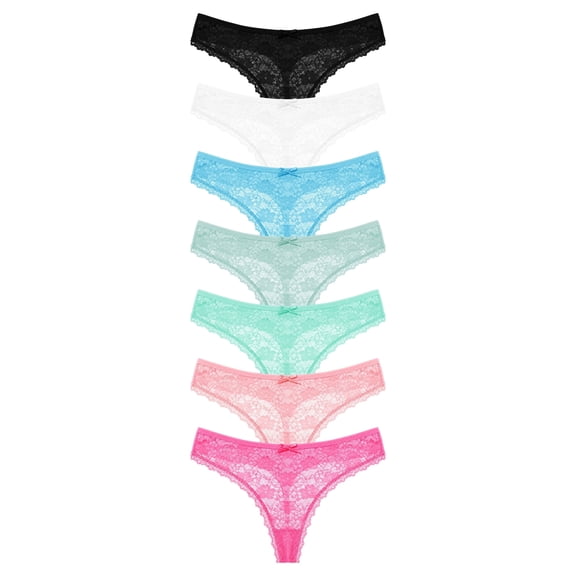 Wild in Bloom 7 Pack Lace Thongs for Women Sexy Stretch T Back Panties, XS-XL