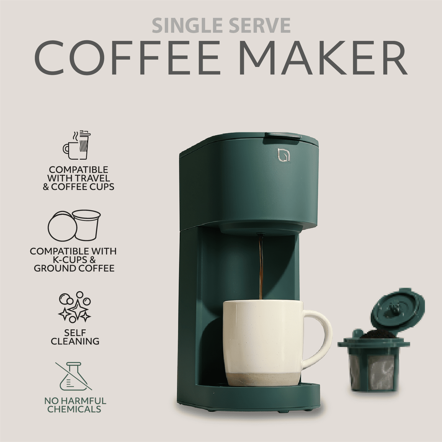 Willow Kitchen Single Serve Coffee Maker Machine for Pods & Grounds with K Cup, Self Cleaning & Small Portable Coffee Maker, Green