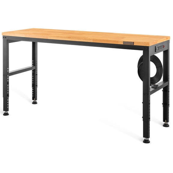 Adjustable Height Workbench - 48" x 20" Heavy Duty Garage Table w/ Power Outlets - 2000 LBS Capacity - Hardwood Top & Metal Frame - Office/Home