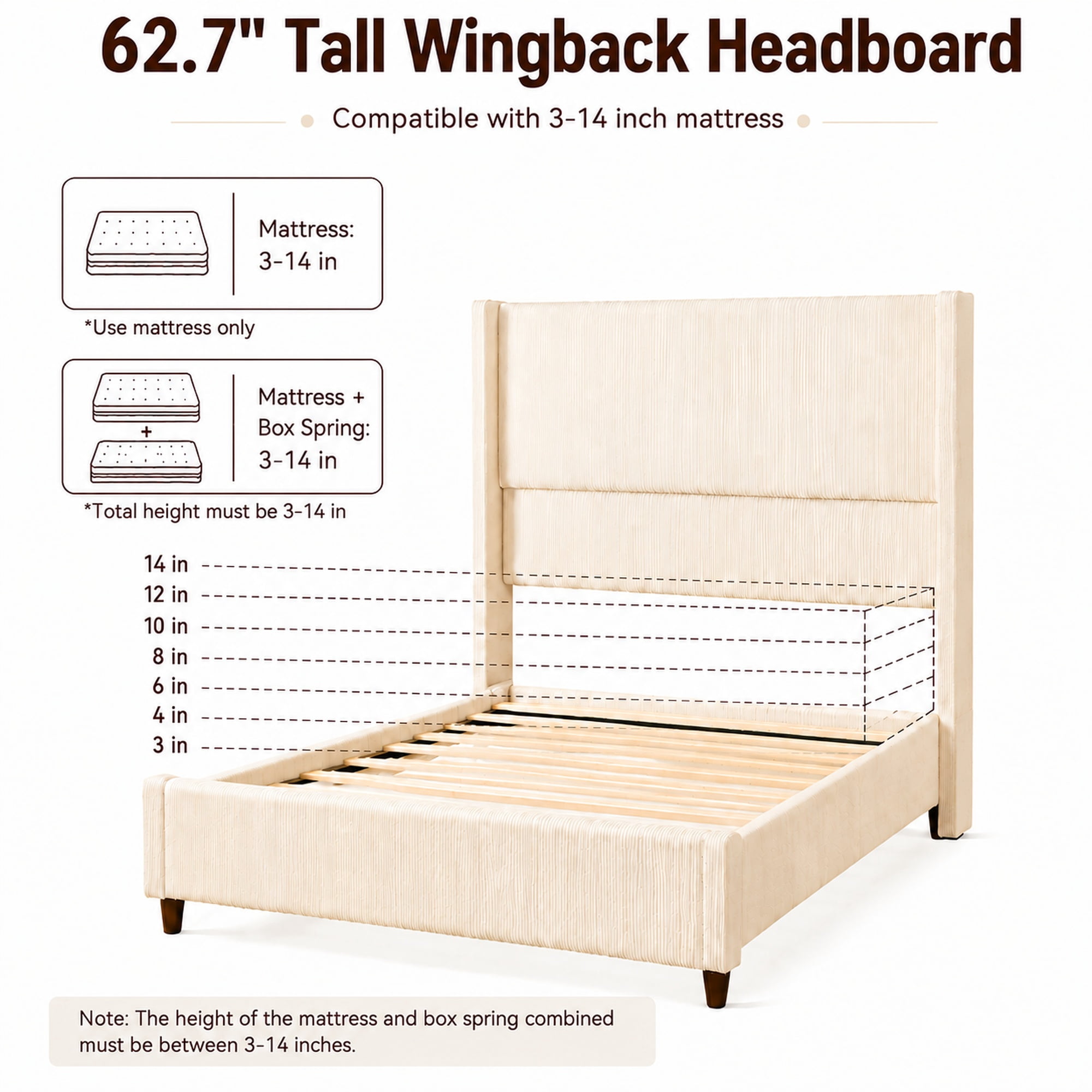 Mintazer Queen Size Upholstered Wingback Platform Bed Frame with Padded Headboard, Vertical Channel Tufted Corduroy Bed for Bedroom, No Box Spring Needed, Beige