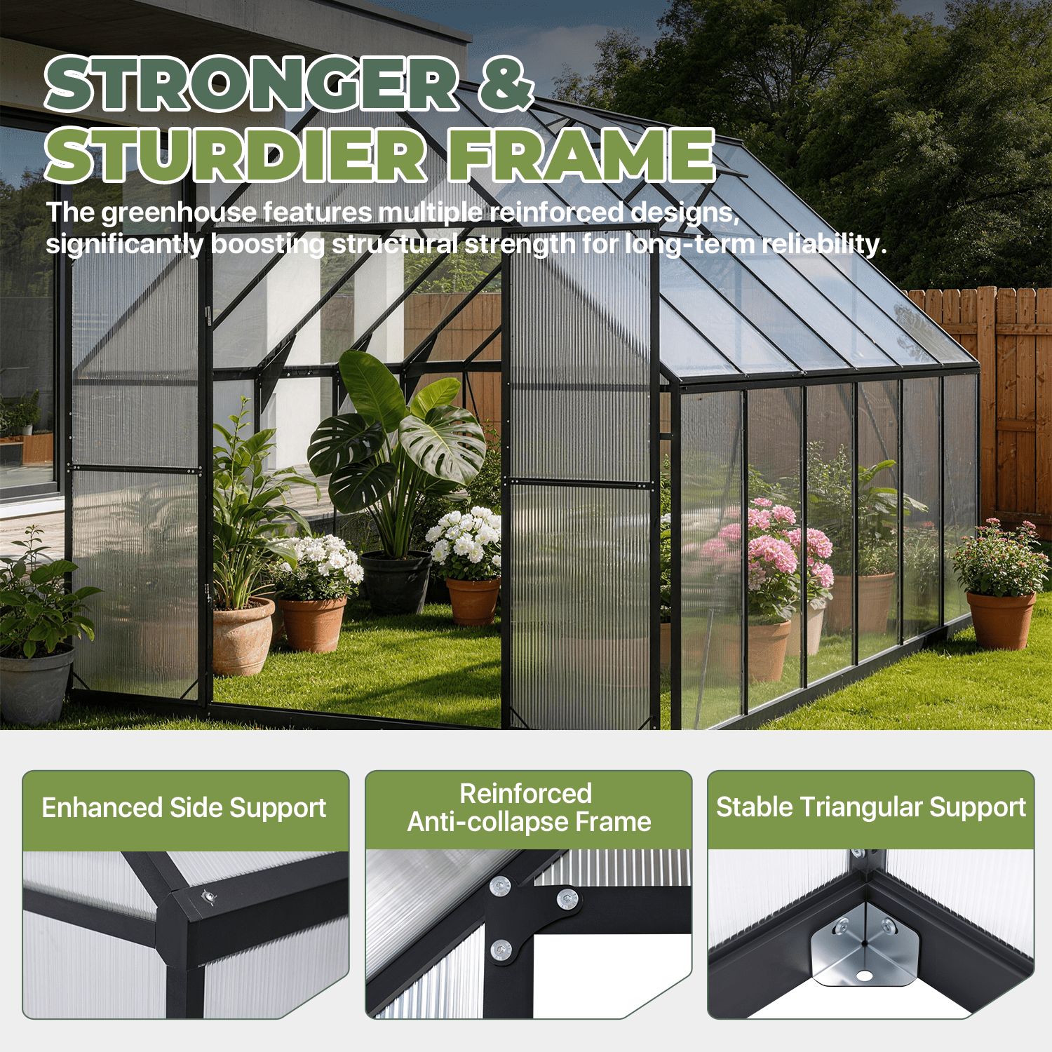 BaPiPro 12x8 ft Heavy-Duty Walk-in Greenhouse, Polycarbonate Panels, Aluminum Frame, UV-Protected Waterproof Outdoor for Garden Backyard Plant Growing
