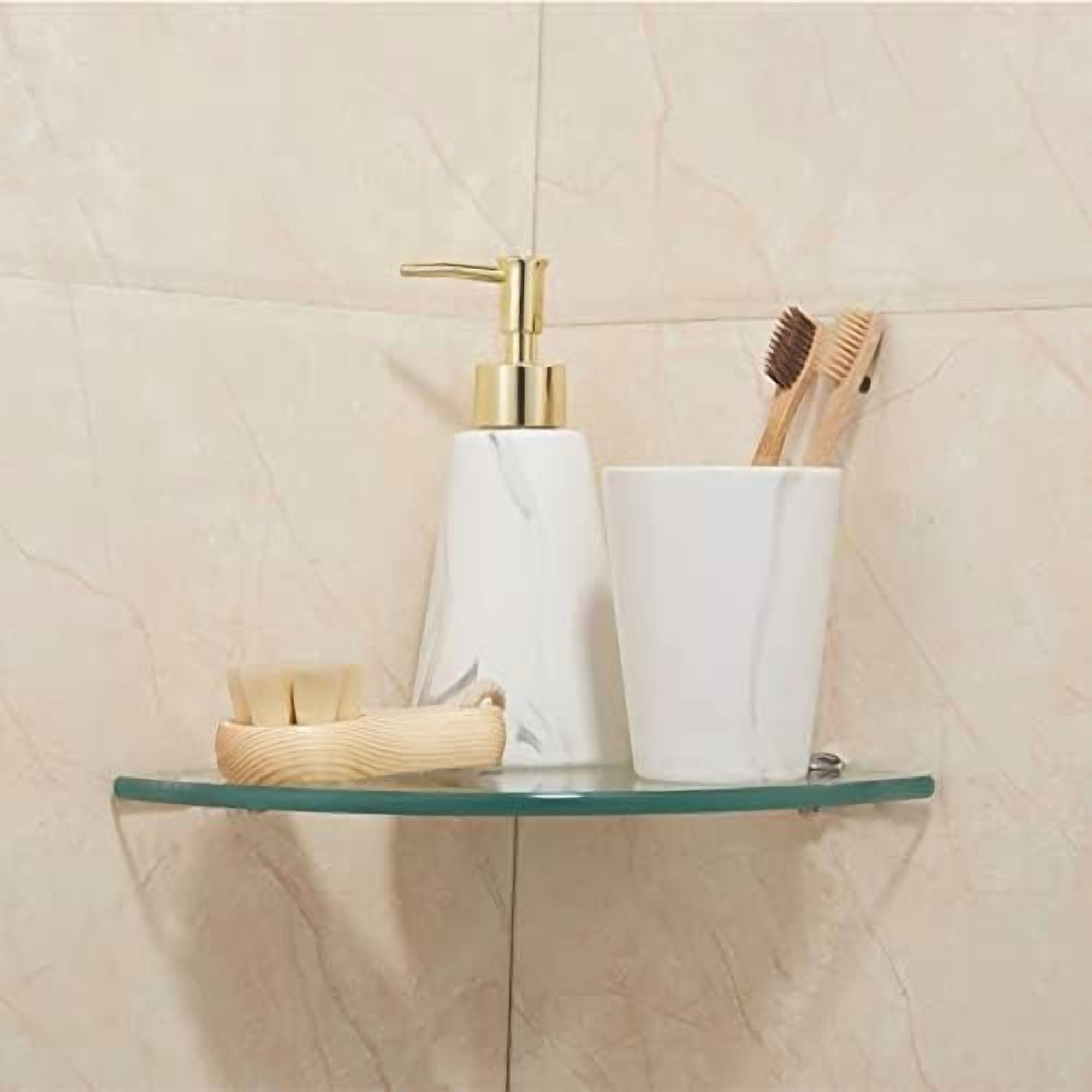 3 Pack Glass Bathroom Shower Shelves, Extra Thick Wall Mounted Shelves, Clear Floating Corner Shelves for Kitchen, Bathroom, Living Room, Office