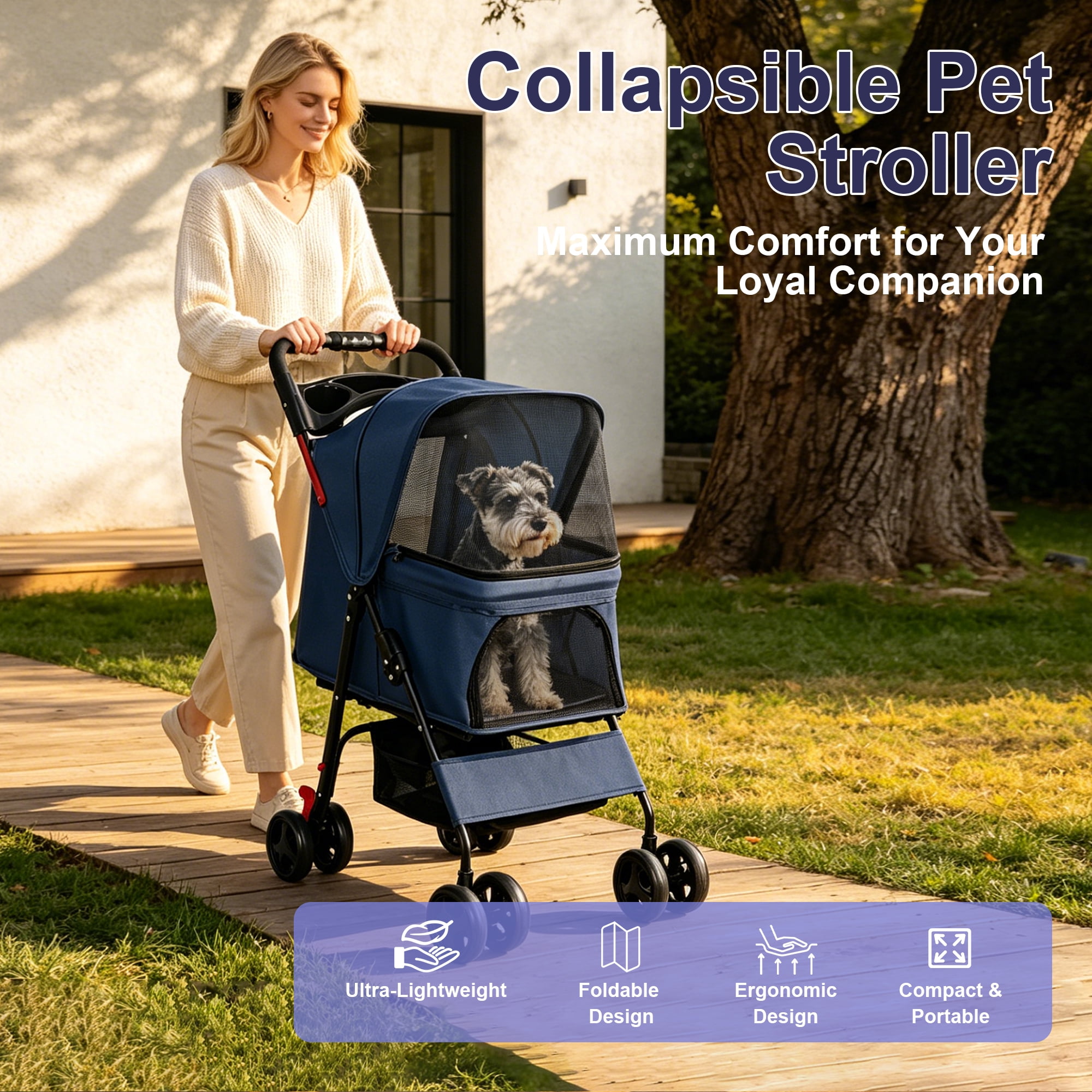 One-Click Foldable Blue Pet Stroller for Small Dogs & Cats, Holds Up to 28 LBS, Breathable Mesh, 360° Swivel Lockable Wheels, Storage Tray & Basket for Walks Vet Travel