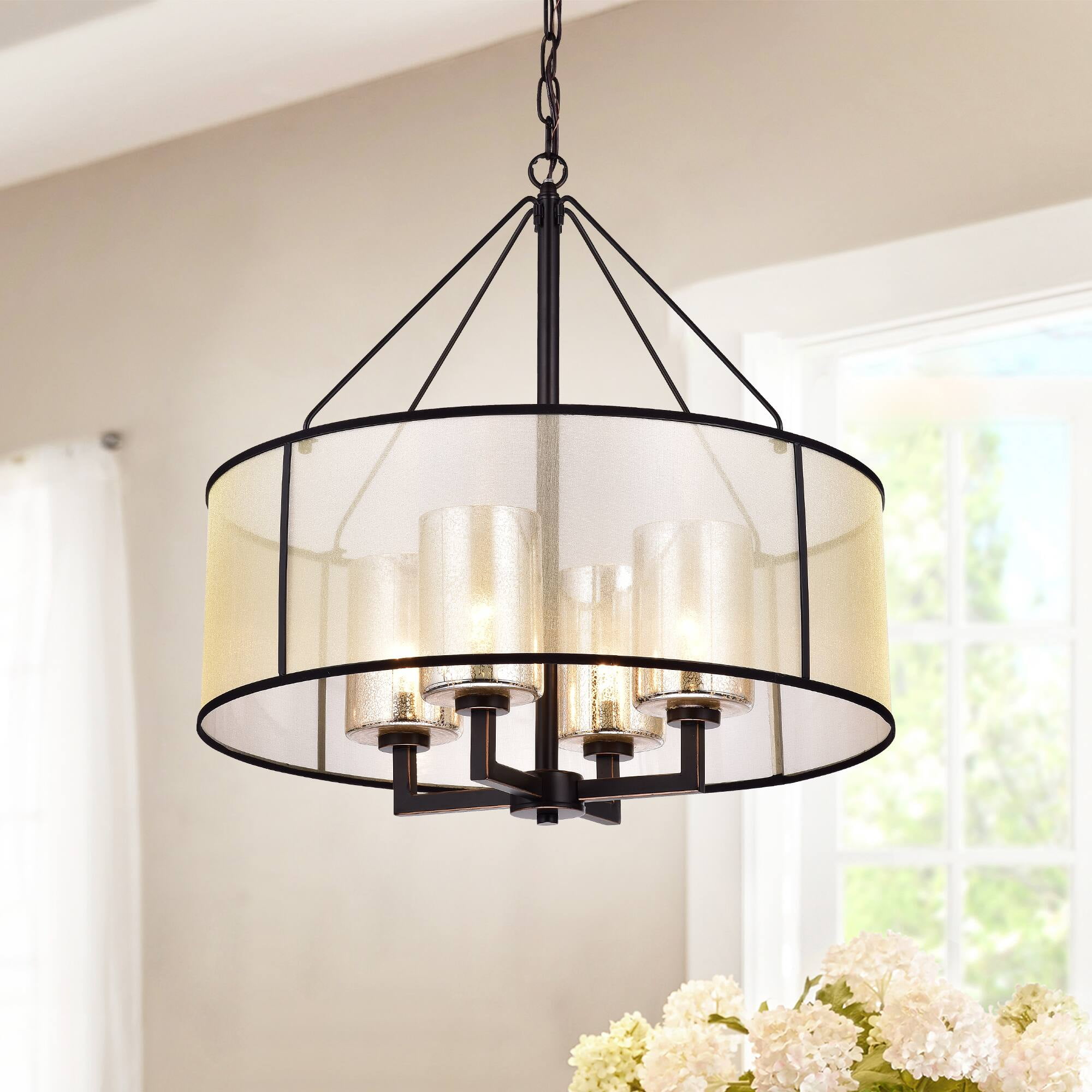 Warehouse of Tiffany Sarina 4-light Pillar Glass Fabric Cylinder Shade Pendant