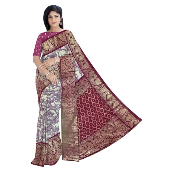 Ta la hi Collections Women's Printed Dola Silk Saree with Unstitched Blouse Piece - Light Lavender, Indian Traditional Saree for Women