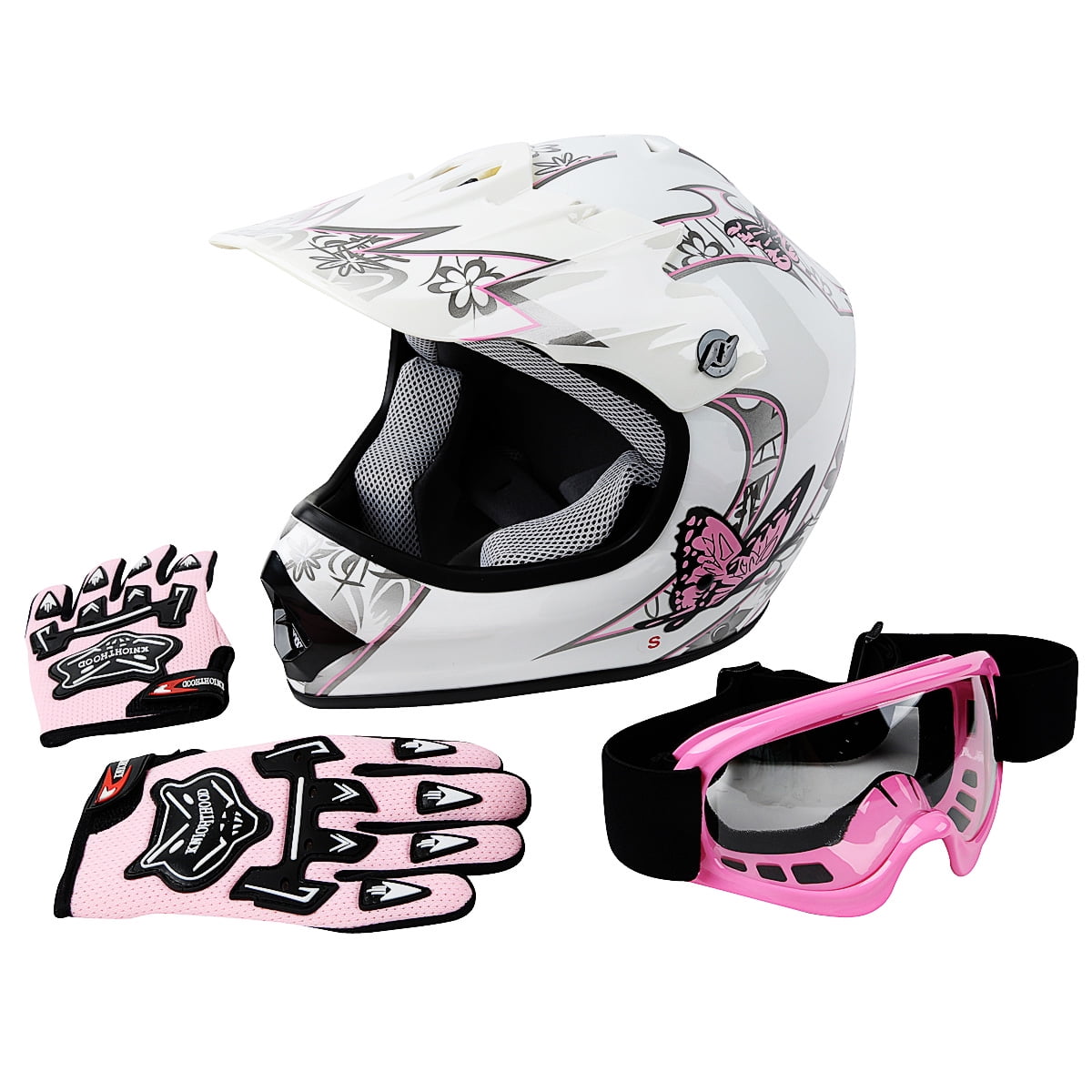 TCMT DOT Helmet for Kids & Youth Pink Butterfly White with Goggles & Gloves for Dirt Bike