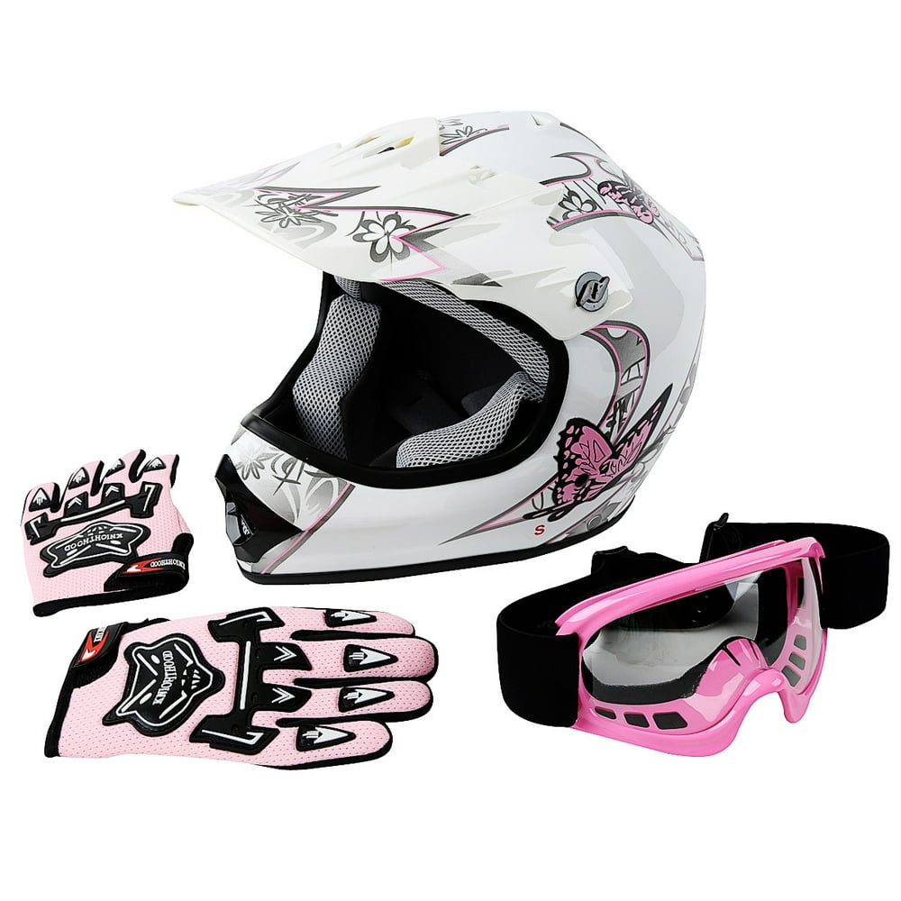 TCMT DOT Youth & Kids Motorcycle Helmet Pink Butterfly White with