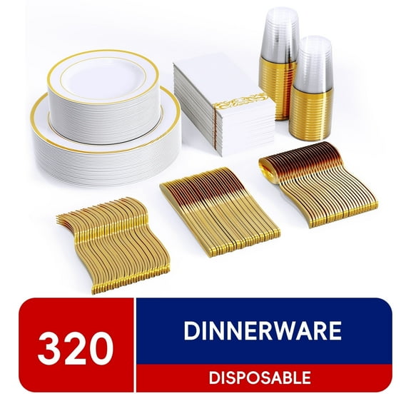 JOLLY CHEF 320 Piece Gold Rim Disposable Plastic Plates Dinnerware Sets,45 Guests