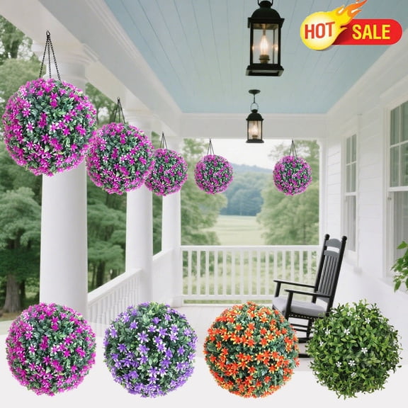 7.8in Artificial Hanging Flower Topiary Ball, Plastic Faux Floral Sphere with Hanging Chain, Indoor Outdoor Porch Balcony Patio Wedding Fall Harvest Christmas Garden Home Party Seasonal Hanging Decor