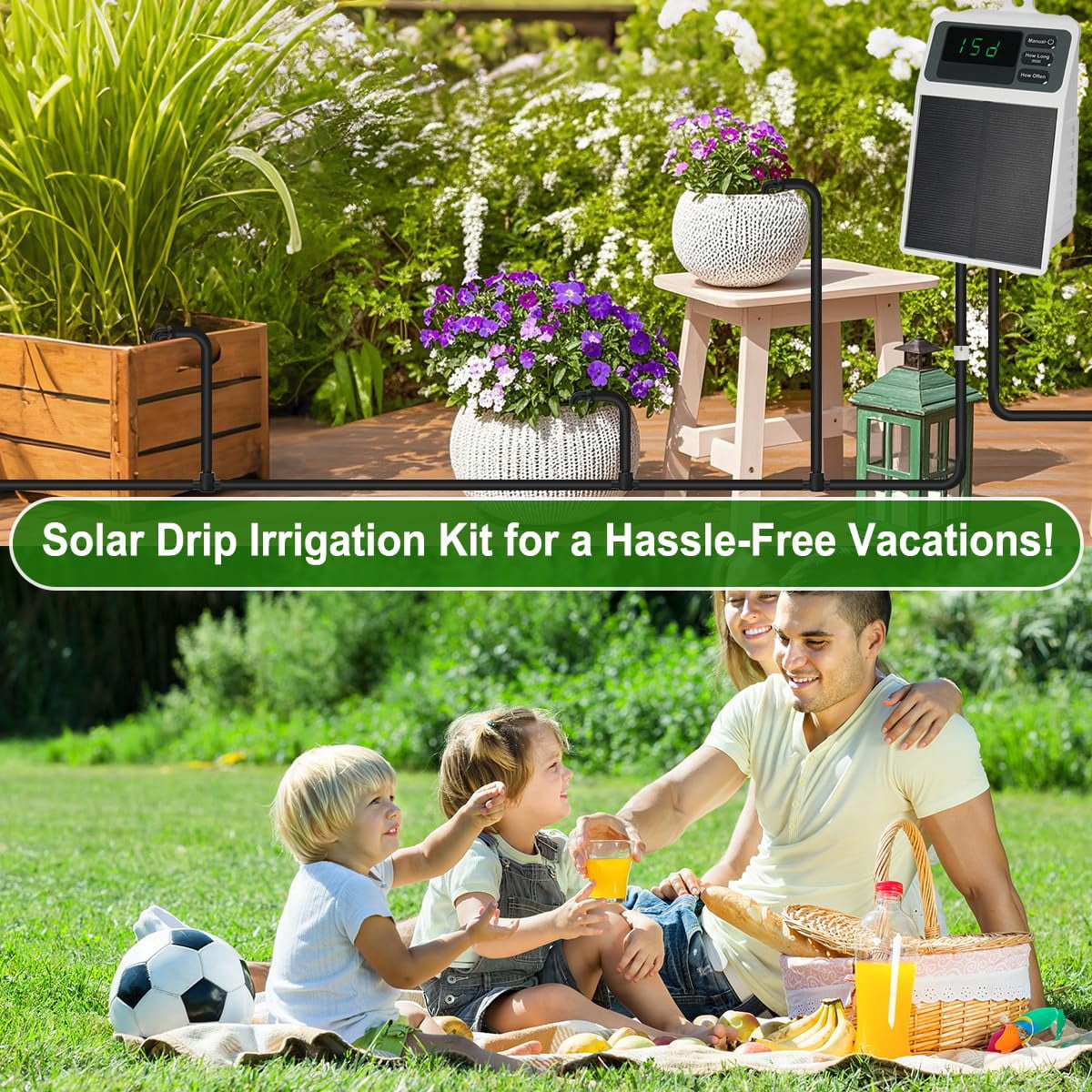 Easy Solar-Powered Drip Irrigation Kit - Automatic Watering System for Garden, Patio & Houseplants - Includes Water Pump, 33ft Tubing, 10 Drippers - Saves Time & Water