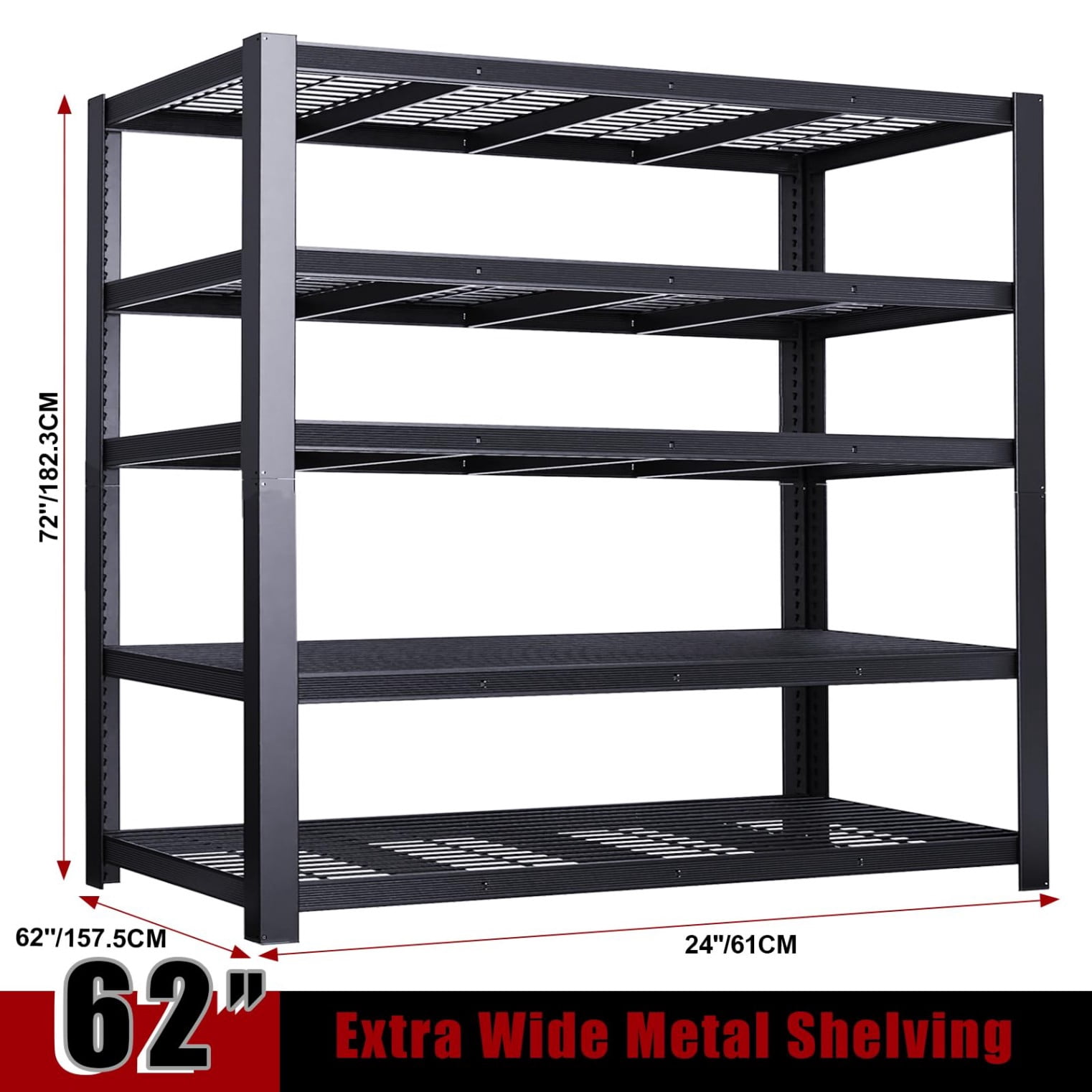Industrial 5-Tier Extra Wide Metal Storage Shelving Unit, 3050 lbs Capacity Heavy Duty Rack, 72"H x 62"W x 24"D