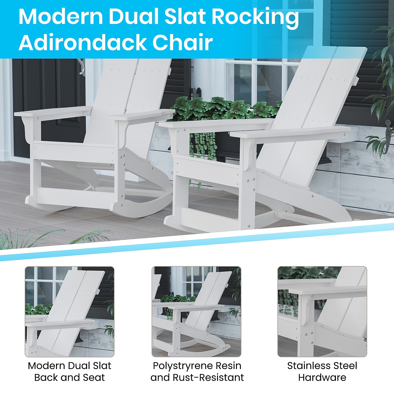 Flash Furniture Finn 5-Piece Adirondack Rocking Patio Chair and Side Table Set, White - image 3 of 9