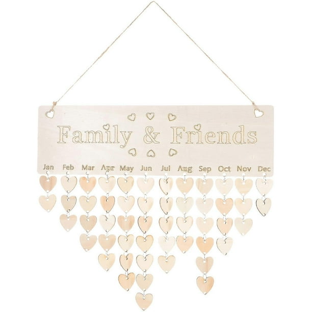 Rustic Wooden Family Birthday Calendar Board Wall Hanging Reminder Kit with DIY Hearts & Circles for Celebrations