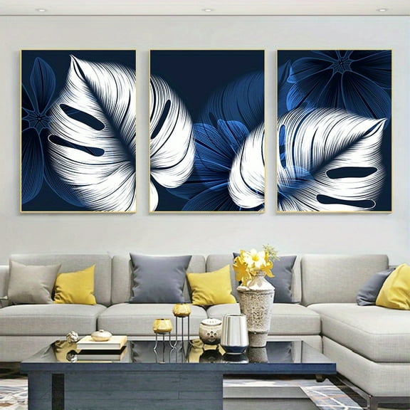 Posters &Prints. Christmas gifts. 3pcs Frameless Abstract Blue White Plant Leaf Posters Print Modern Home Decor Picture Wall Art Canvas Painting Nordic Living Room Decor, No Frame, Large Unframed Ca