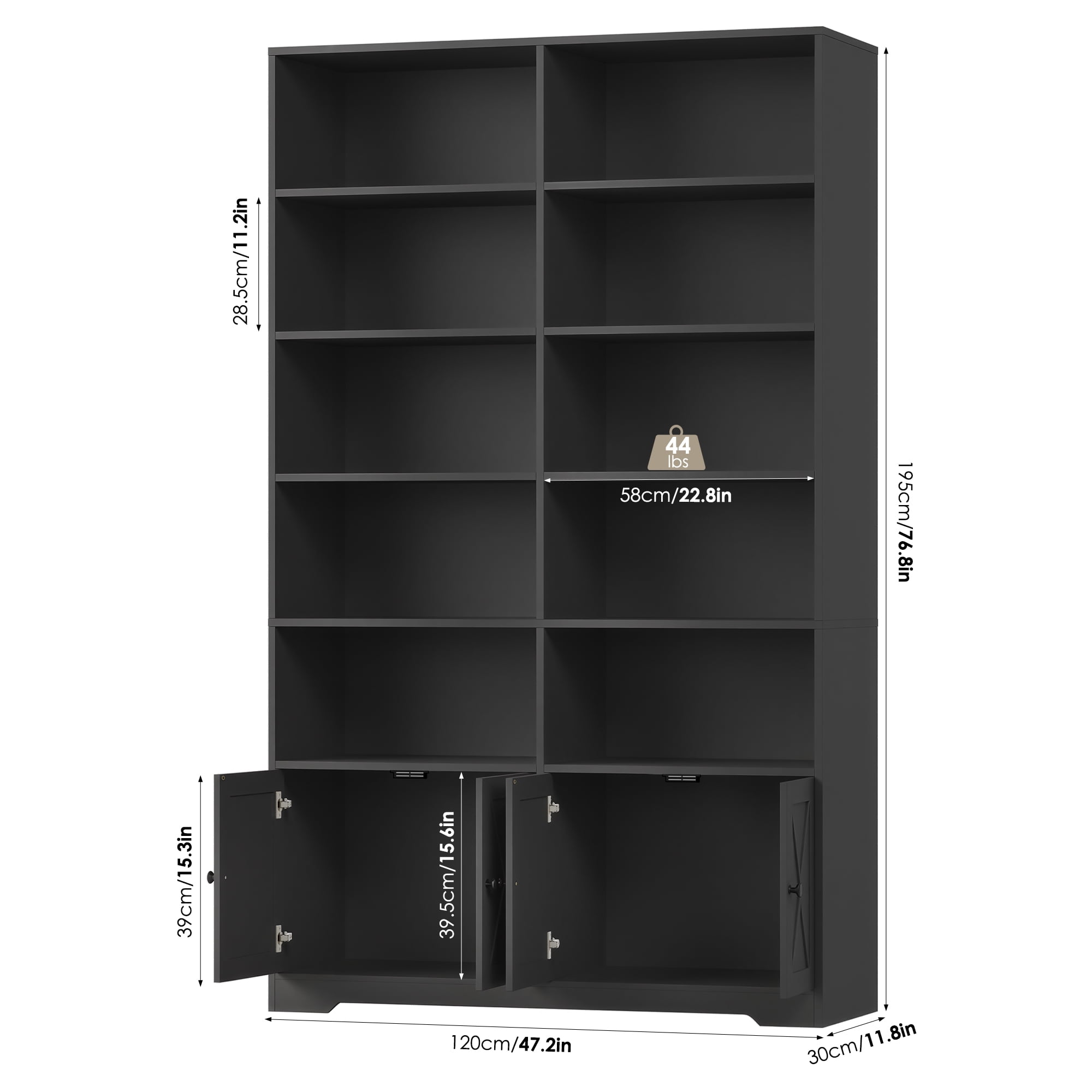 Hiphuta 78"H x 47"W Bookcase with Doors, Tall Bookshelves with Storage, 5-Tier Shelves Freestanding Display Bookcase for Home Office and Living Room, Black
