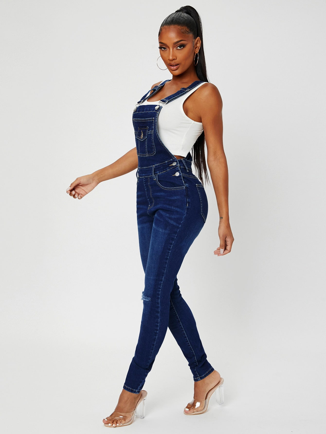 Flap Detail Ripped Denim Overalls 