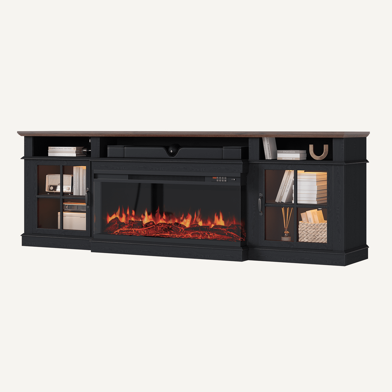 BaPiPro 80" Farmhouse Fireplace TV Stand for TVs Up to 90", Entertainment Center with 3-Sided 36" Electric Fireplace & LED Lights, 2 Drawers & 2 Storage Cabinet, Black
