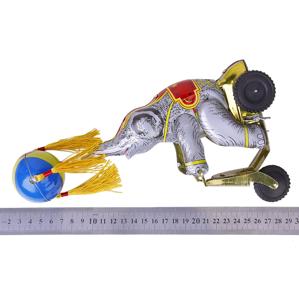Wind Up Clockwork Circus Elephant on Tricycle Revolving Ball Retro Tin Toy