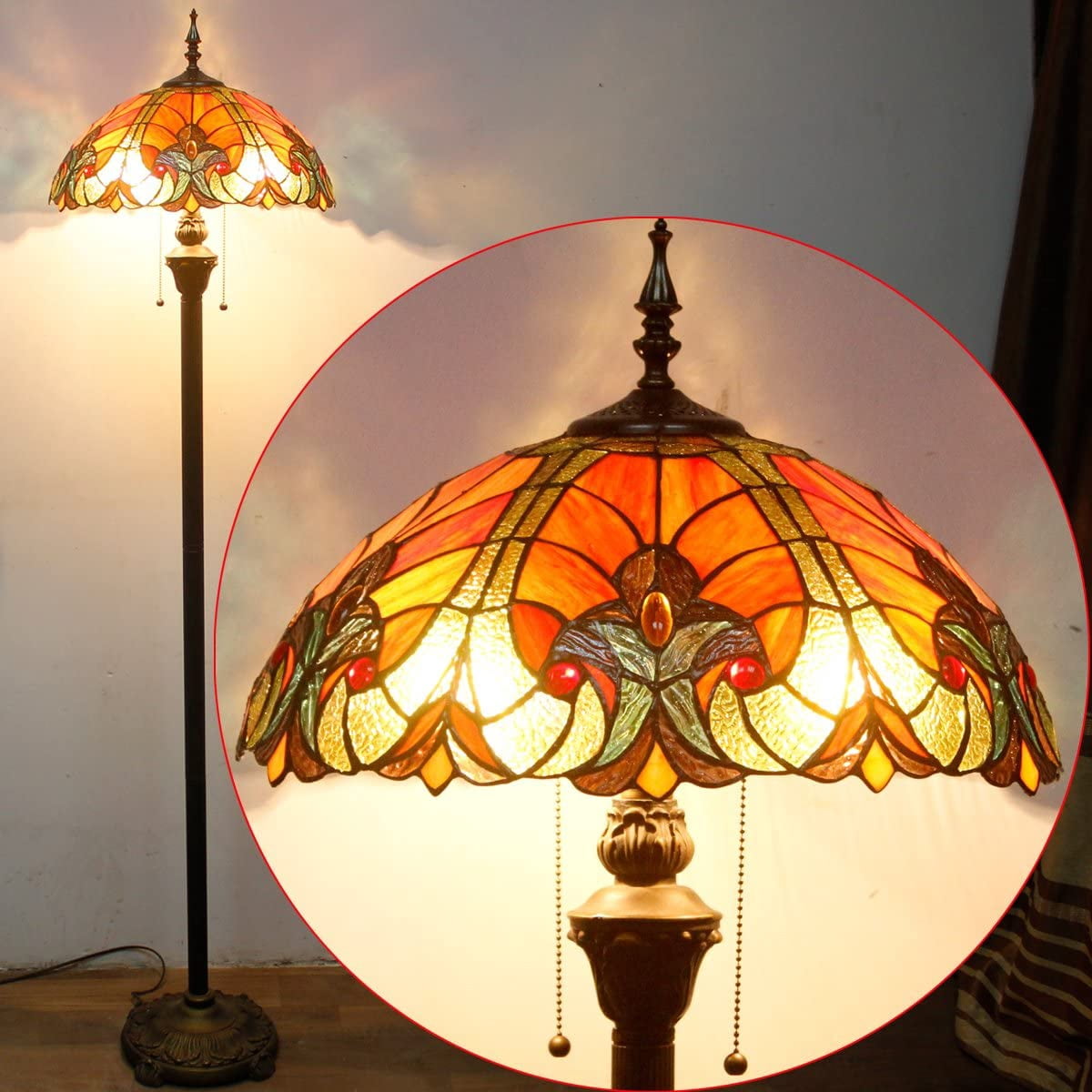 Tiffany Floor Lamp LED Art Bright Standing Reading Light 64" Tall Red Liaison Stained Glass Shade Boho Industrial Bronze Pole Vintage Base Kids Bedroom Living Room Corner Farmhouse Office
