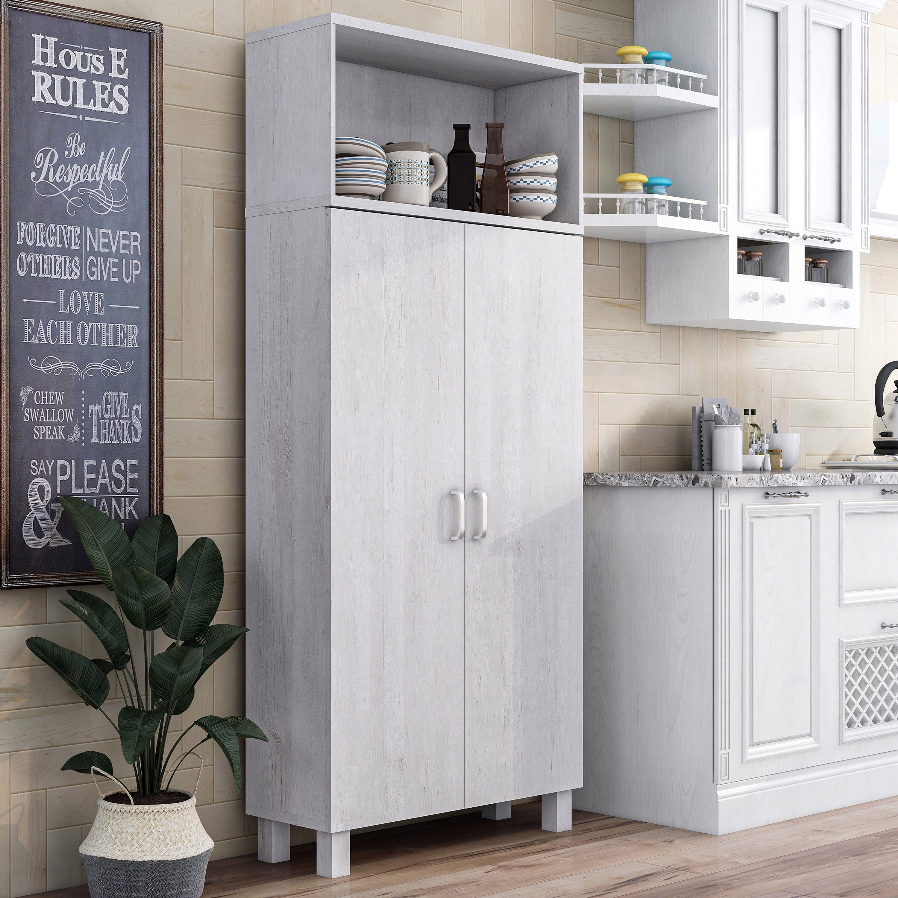 Furniture of America Audie Wood 5-Shelf Pantry Cabinet, White Oak