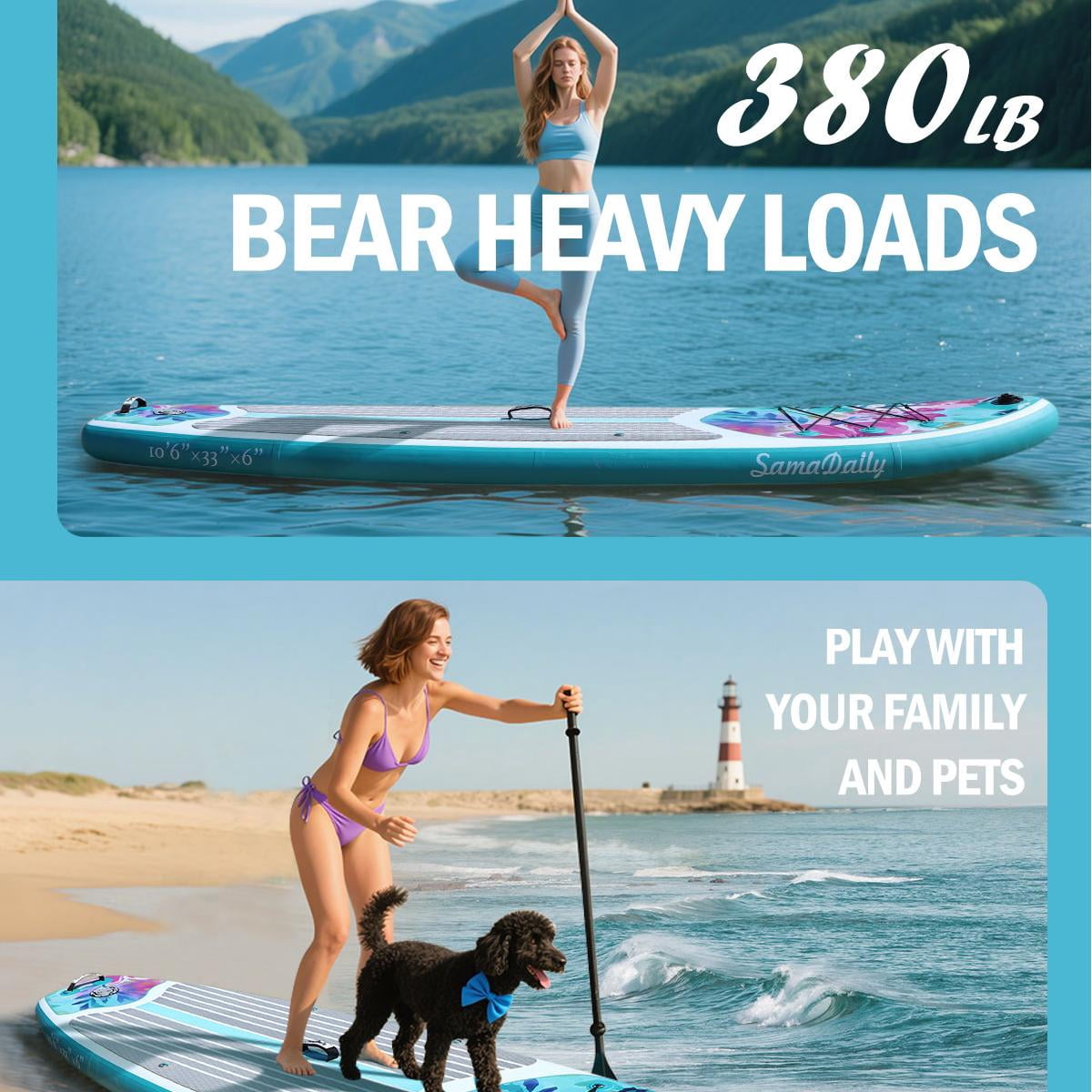 10.6’Stand Up Paddle Board for Adults, 33''Inflatable Paddle Board Comes with Complete Paddleboard Accessories Pump, Backpack, Paddle & Removable Fins