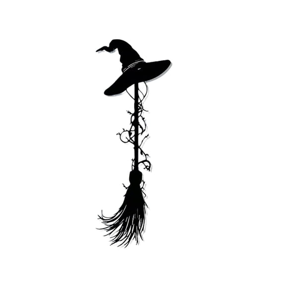 Orangide Witch Hat Wall Decor Vintage Wrought Iron Hanging Ornament with Broom and Star Motif Rustic Metal Art for Halloween Themed Home Entryway Garden Decoration