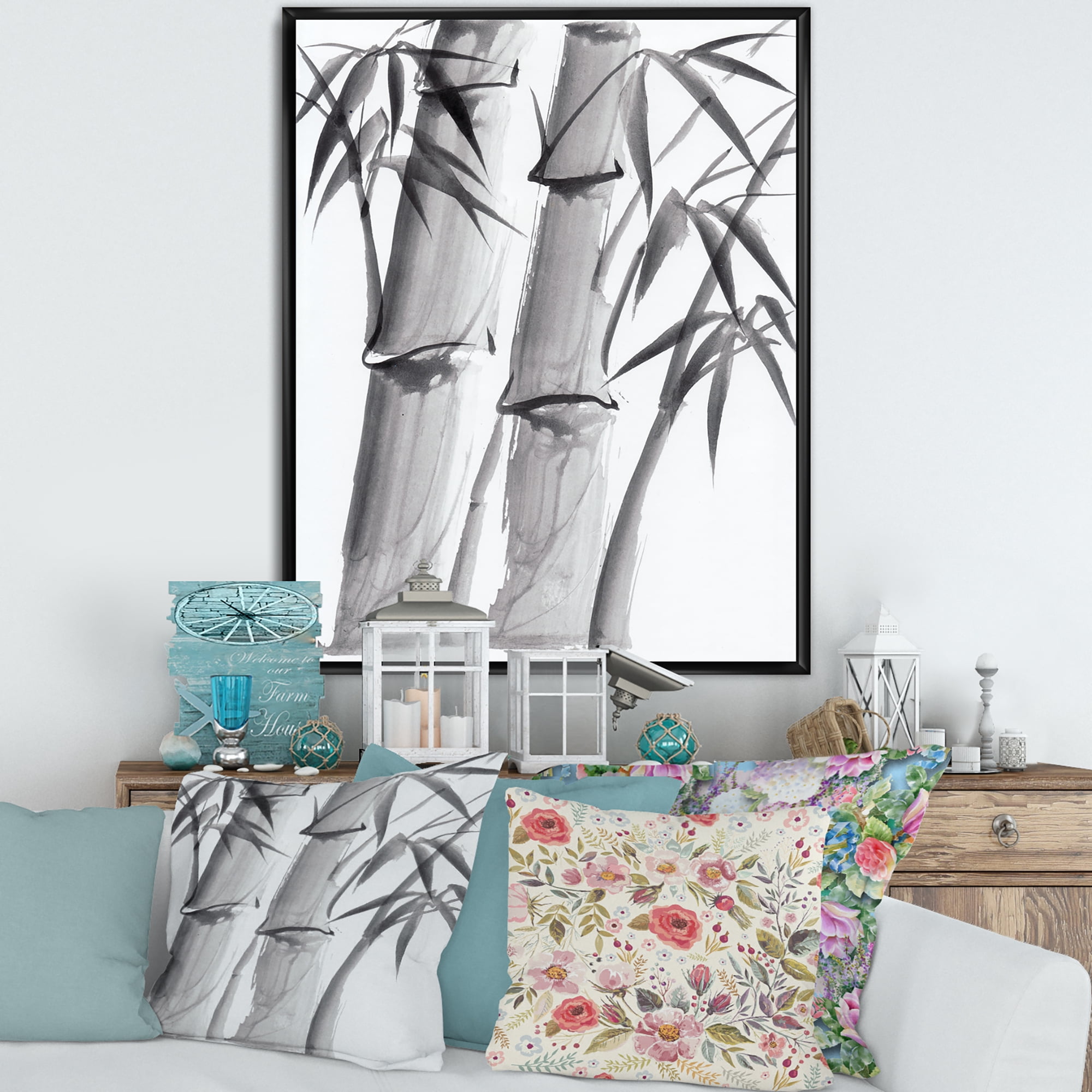Designart 'Vintage Black and White Bamboo IV' Traditional Framed Canvas Wall Art Print
