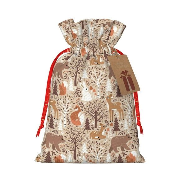 Naloa Woodland Animals in Neutral Tones Drawstring Christmas Bags, 3D Xmas Gift Bags, Christmas Wrapping Bags, Xmas Goodie Bags, Treat Pouch Bags, Party Favor Bags-Small