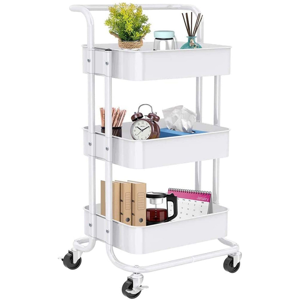 Kadyn 3 Tier Utility Carts with Lockable Wheels, Metal Rolling Cart with Handle, Storage Organizer Trolley Cart for Bathroom, White Kadyn 3 Tier Utility Carts with Lockable Wheels, Metal Rolling Cart with Handle, Storage Organizer Trolley Cart for Bathroom, White