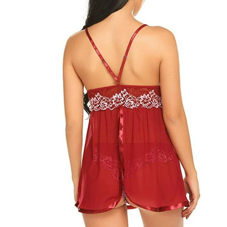 

KDDYLITQ V Neck Sexy Chemise for Women Mesh Nightgown Babydoll Teddy See Through Sleepwear Red S