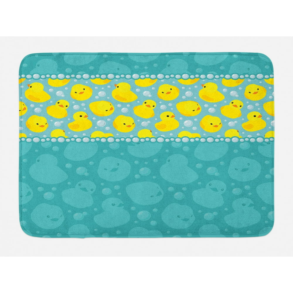 Rubber Duck Bath Mat, Yellow Cartoon Duckies Swimming in Water Pattern