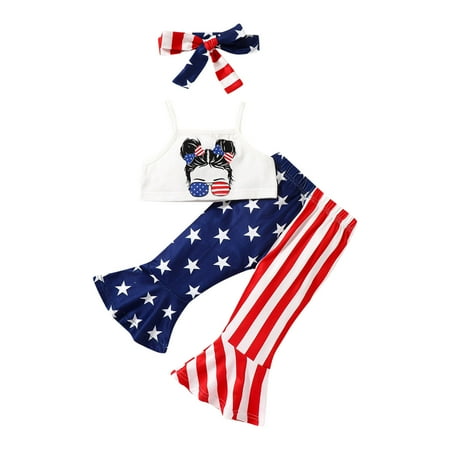 

Girls Outfits Independence Day Patchwork Cartoon Printed Sleeveless Tops Bell Bottoms Pants Hairband 3 PCS Toddler Baby Fashion Lovely Simple Home Wear Outdoor Suits Children s Day Gifts