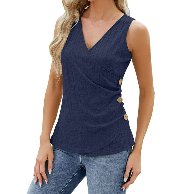 Yuyuzo Womens V Neck Tank Tops Loose Casual Summer Sleeveless Tunic Tops Button Waisted Side Ruched Tee