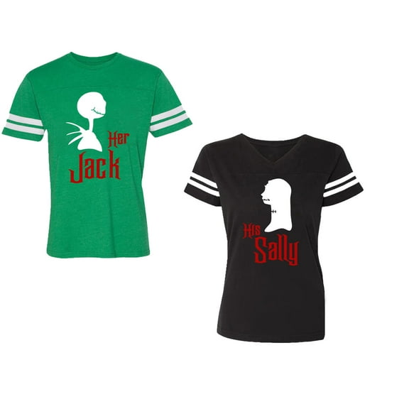 Her Jack His SallyUnisex Couple Matching Cotton Jersey style T-Shirt Contrasting stripes on sleeves (Men Green / Women Black) (Men S / Women S)